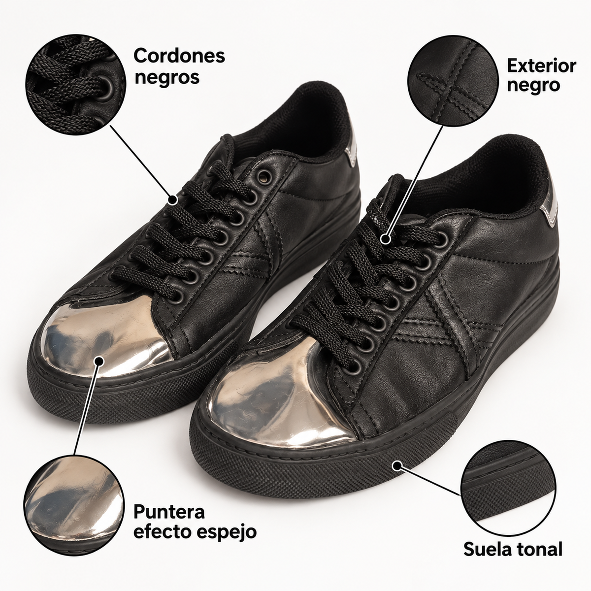 Características de las zapatillas Munich negras con puntera plateada