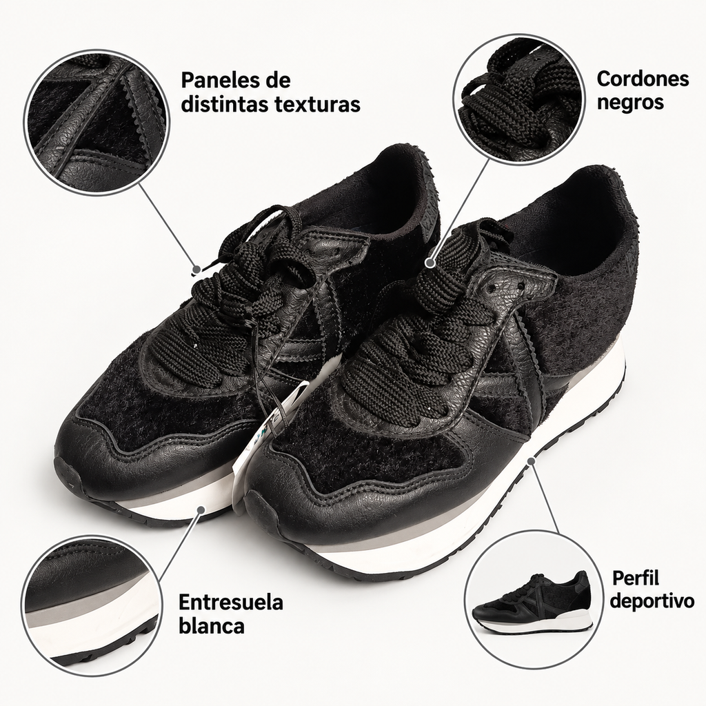 Características de las zapatillas Munich negras de texturas
