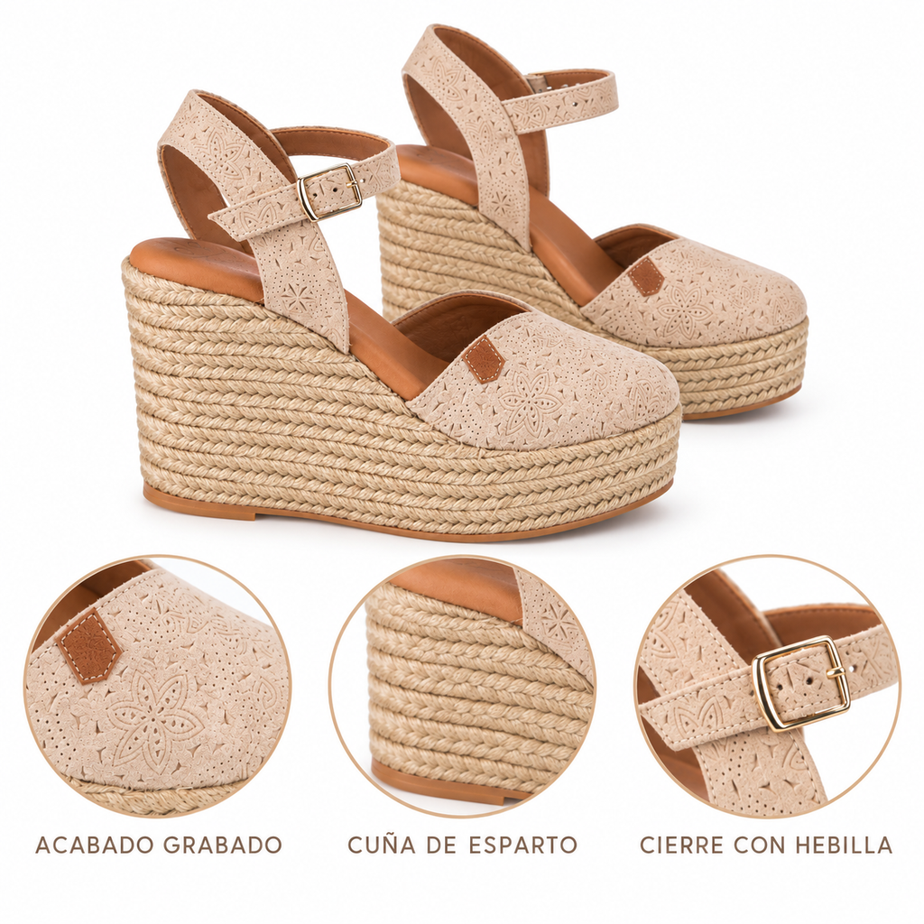 Sandalias Popa Benisa Grabado Beige con Cuña para Mujer - detalles