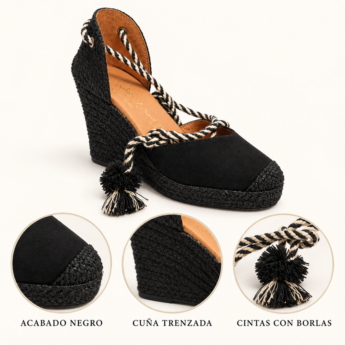 Detalles y características de Alpargatas Cabrera 18194 Negras con Cuña y Cintas para Mujer
