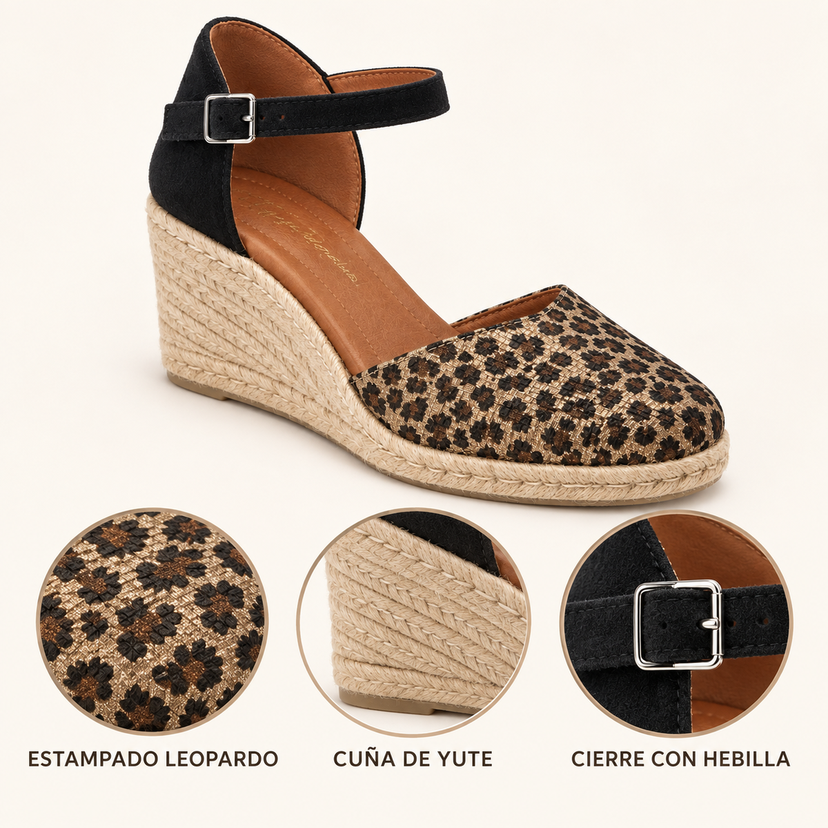 Detalles y características de Alpargatas Cabrera 87-5 Leopardo Negro con Cuña para Mujer