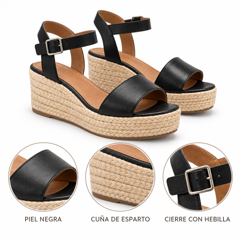 Sandalias Popa Kailua Piel Negro con Cuña para Mujer - detalles