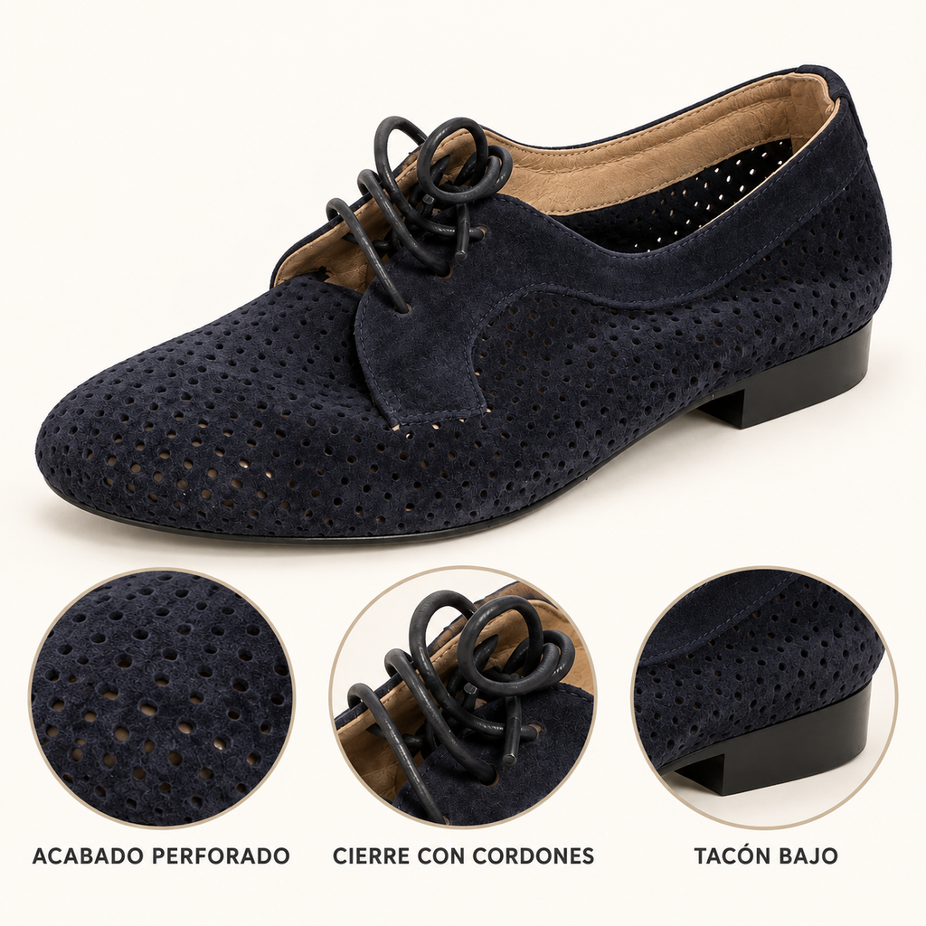 Detalles y características de Zapatos Modelo M19006 Azul Marino Perforados con Cordones para Mujer