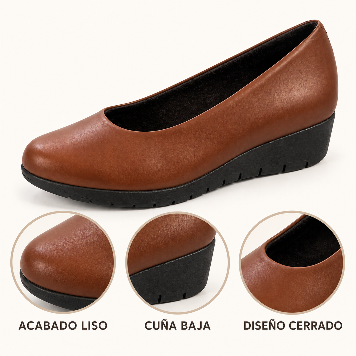 Detalles y características de Zapatos de Salón Modelo 10557 Color Cuero con Cuña para Mujer