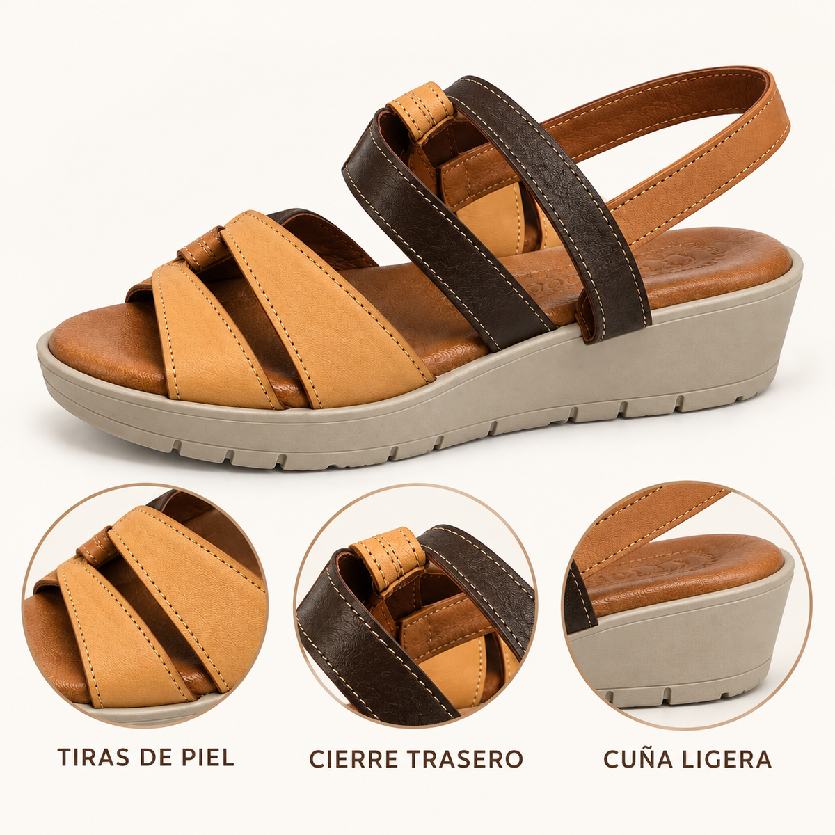 Detalles y características de Sandalias Modelo 18626 Marrones de Piel con Cuña para Mujer