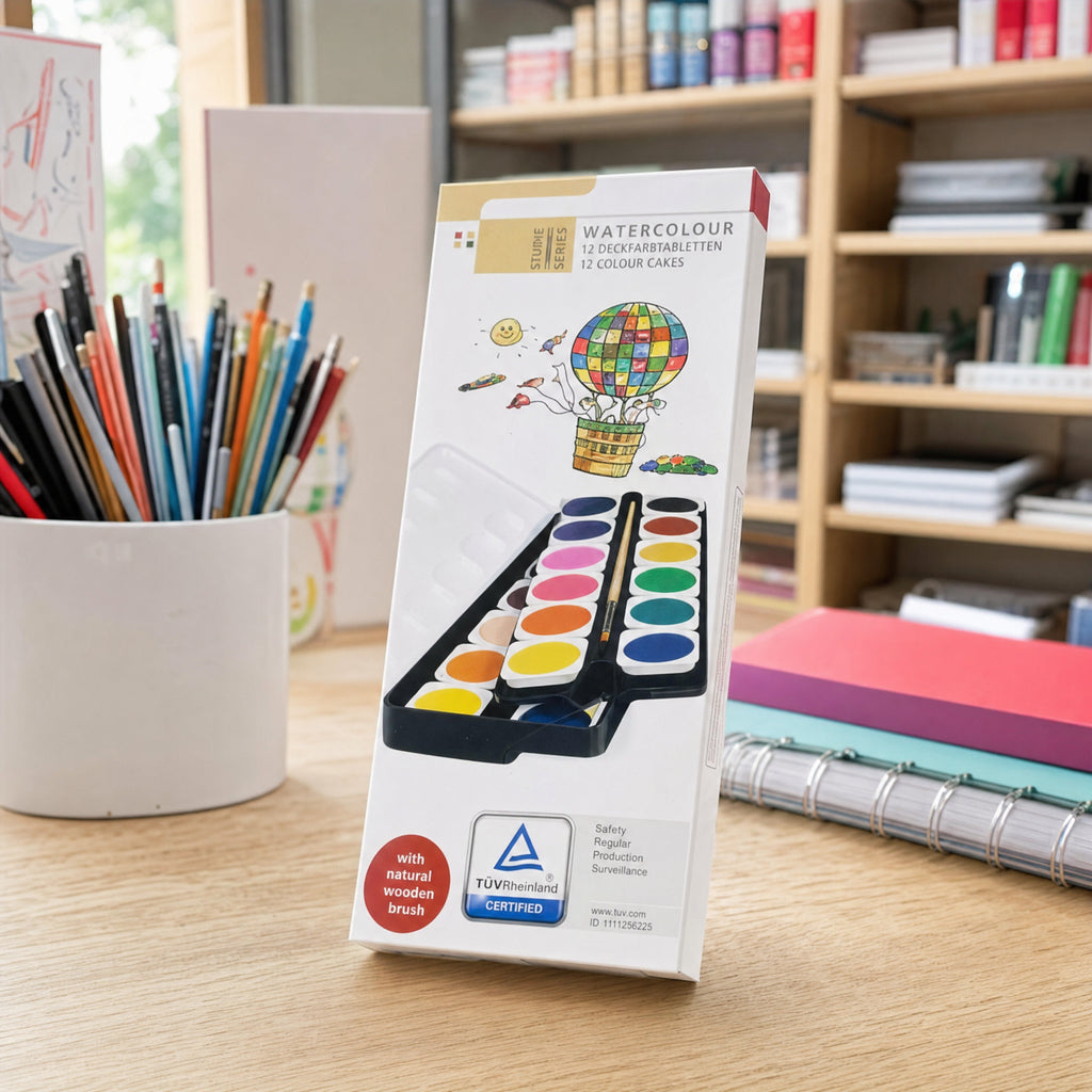 Set de acuarelas en caja, 12 colores, pincel de madera natural y paleta negra