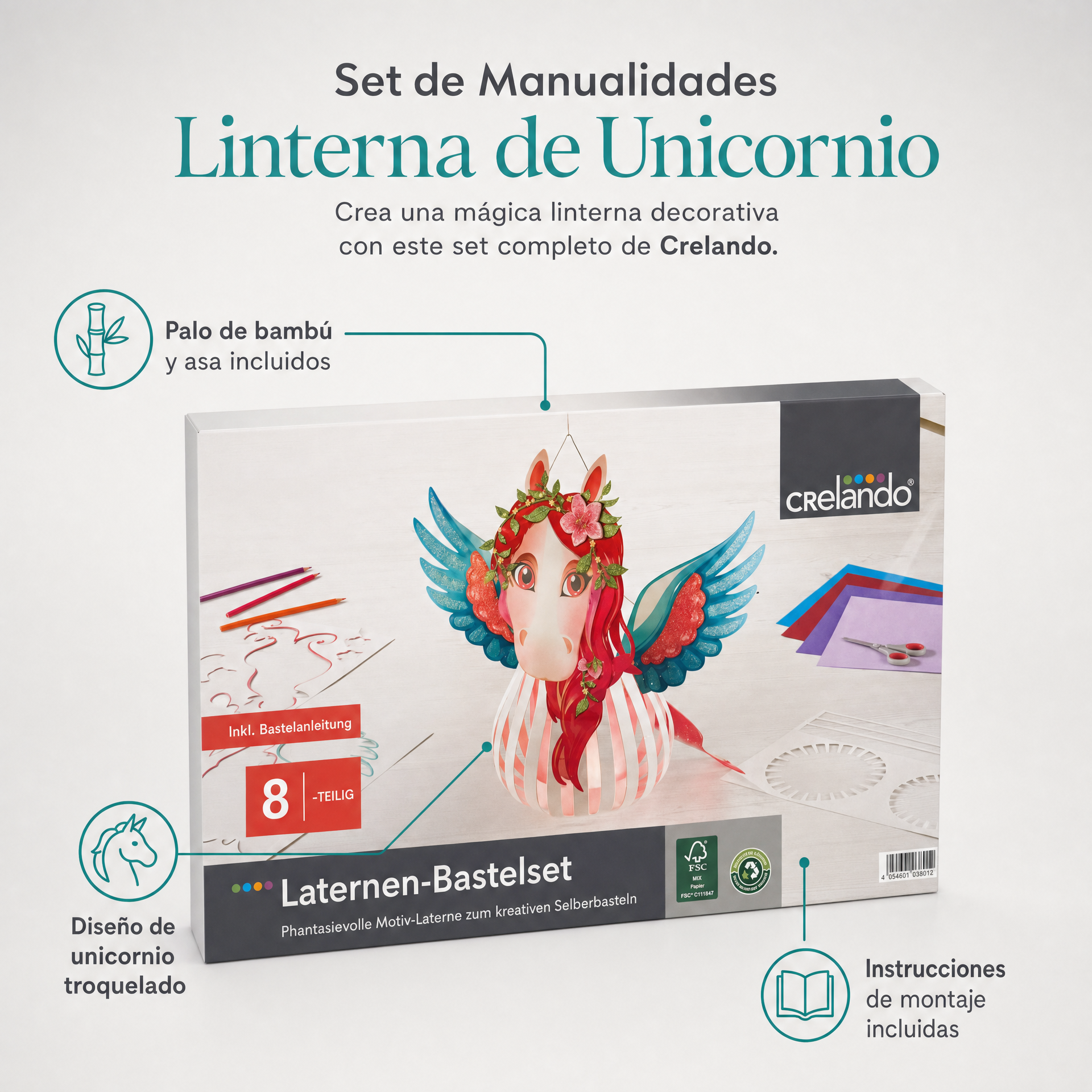 Crelando set linterna unicornio con piezas de cartón pre-cortadas y palo de bambú con gancho