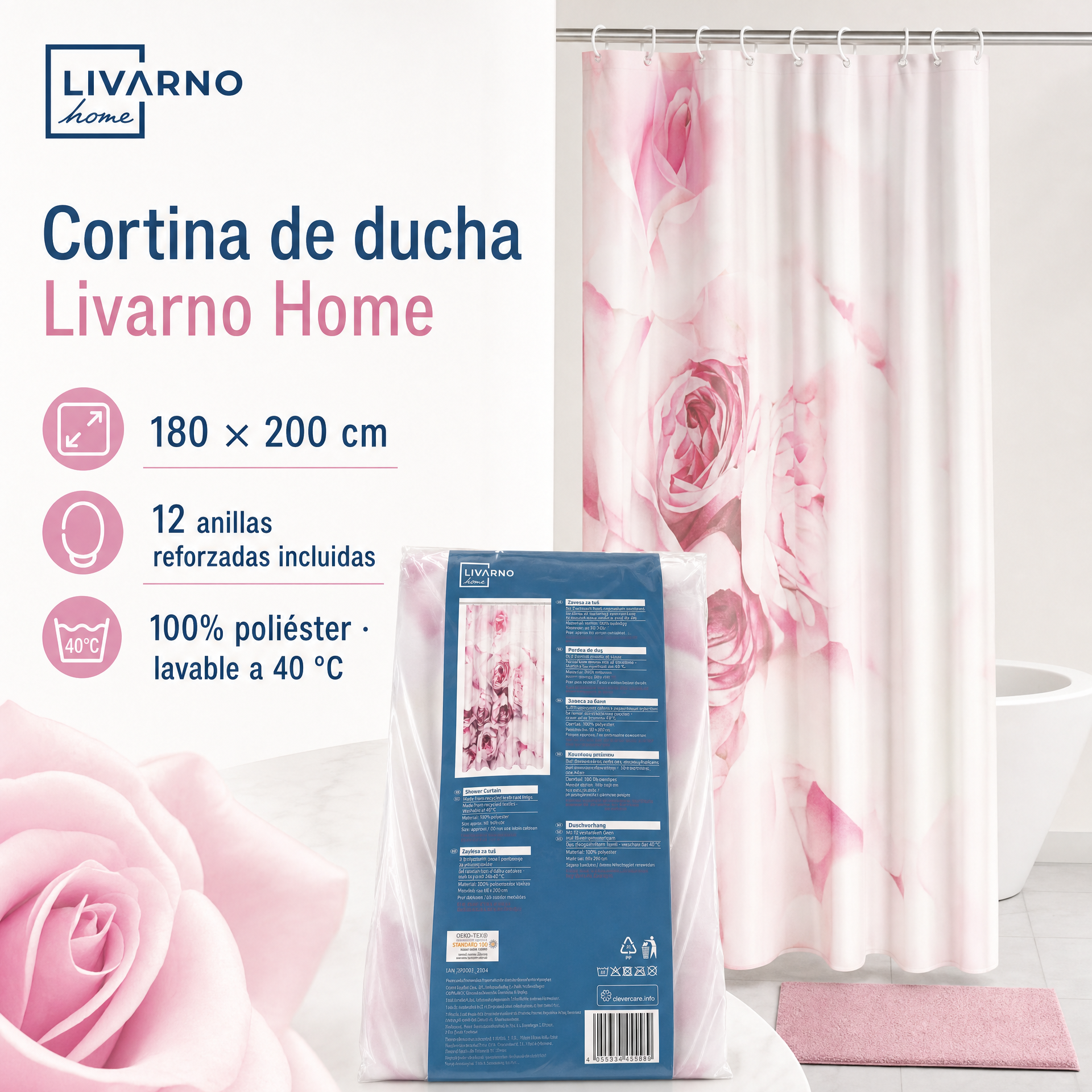 Livarno Home Cortina de Ducha Rosas 180 × 200 cm