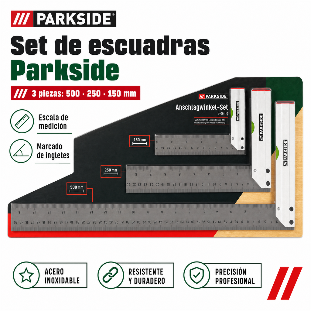 Parkside Set de 3 Escuadras de Tope 500, 250 y 150 mm