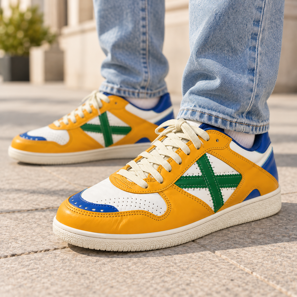 Zapatillas Munich amarillas verdes y azules en ambiente urbano