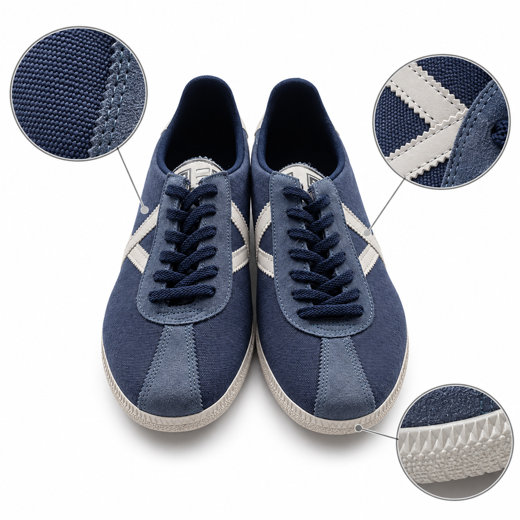 Detalles visibles de las zapatillas Munich azul marino y blancas