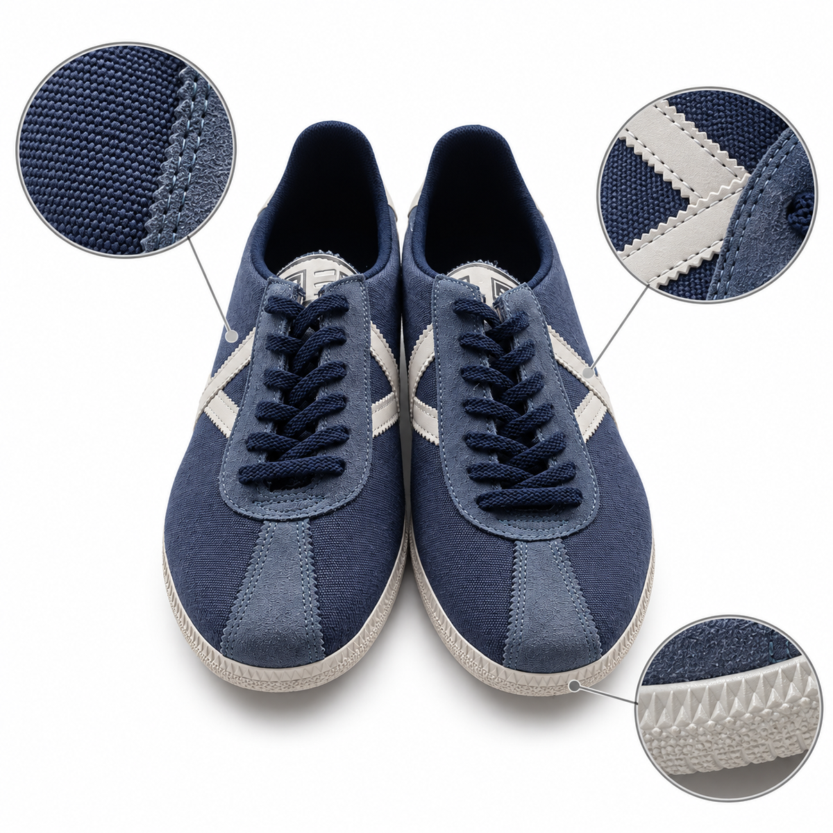 Detalles visibles de las zapatillas Munich azul marino y blancas