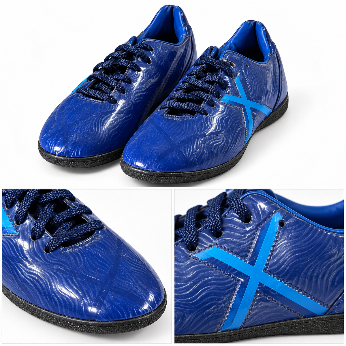 Detalles de las zapatillas Munich azules con acabado brillante