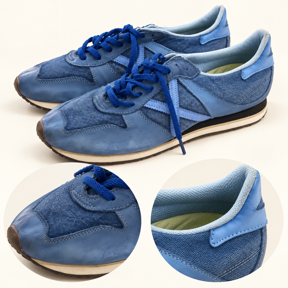 Zapatillas Munich azules con X celeste y cuello claro · Talla 45 - detalle de diseño y estado
