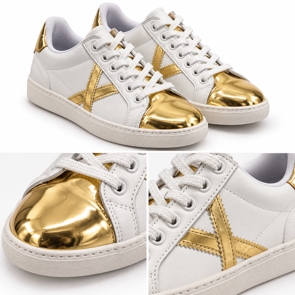 Detalles de las zapatillas Munich blancas y doradas