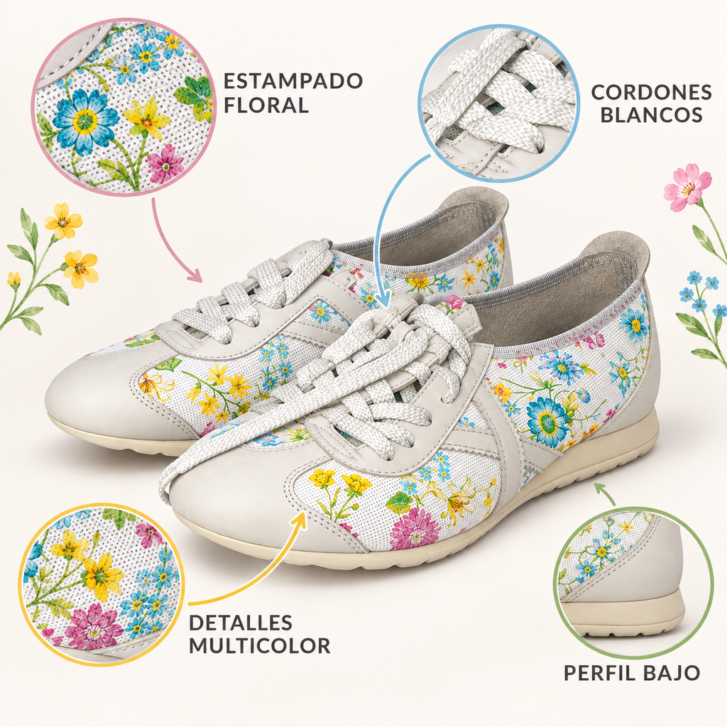 Características visibles de las zapatillas Munich blancas con estampado floral