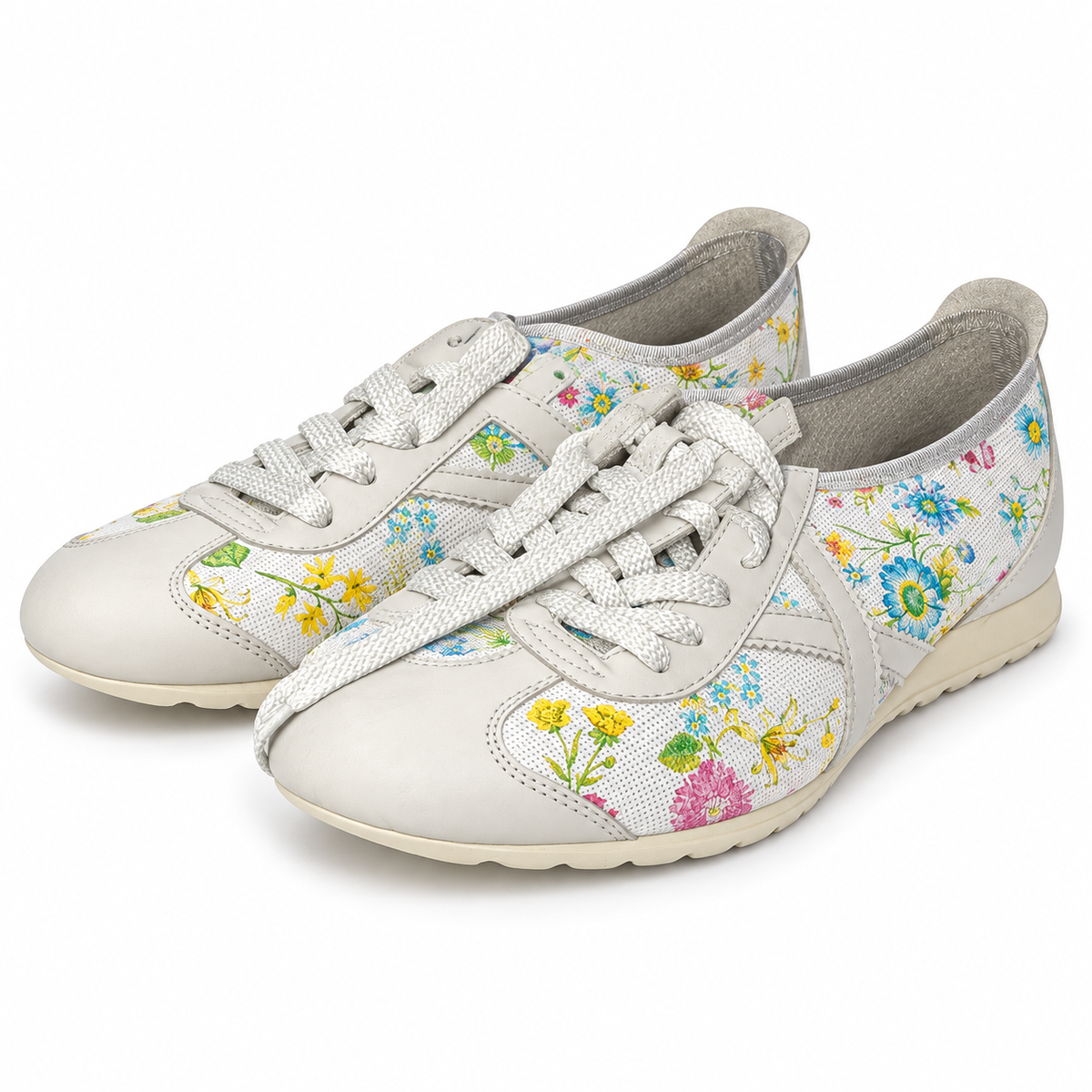 Zapatillas Munich blancas con estampado floral multicolor sobre fondo blanco