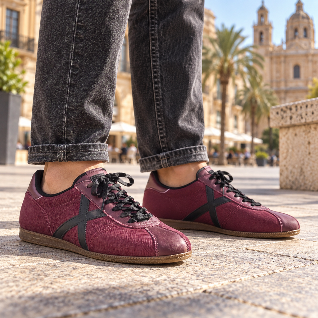 Zapatillas Munich burdeos y negras en ambiente urbano