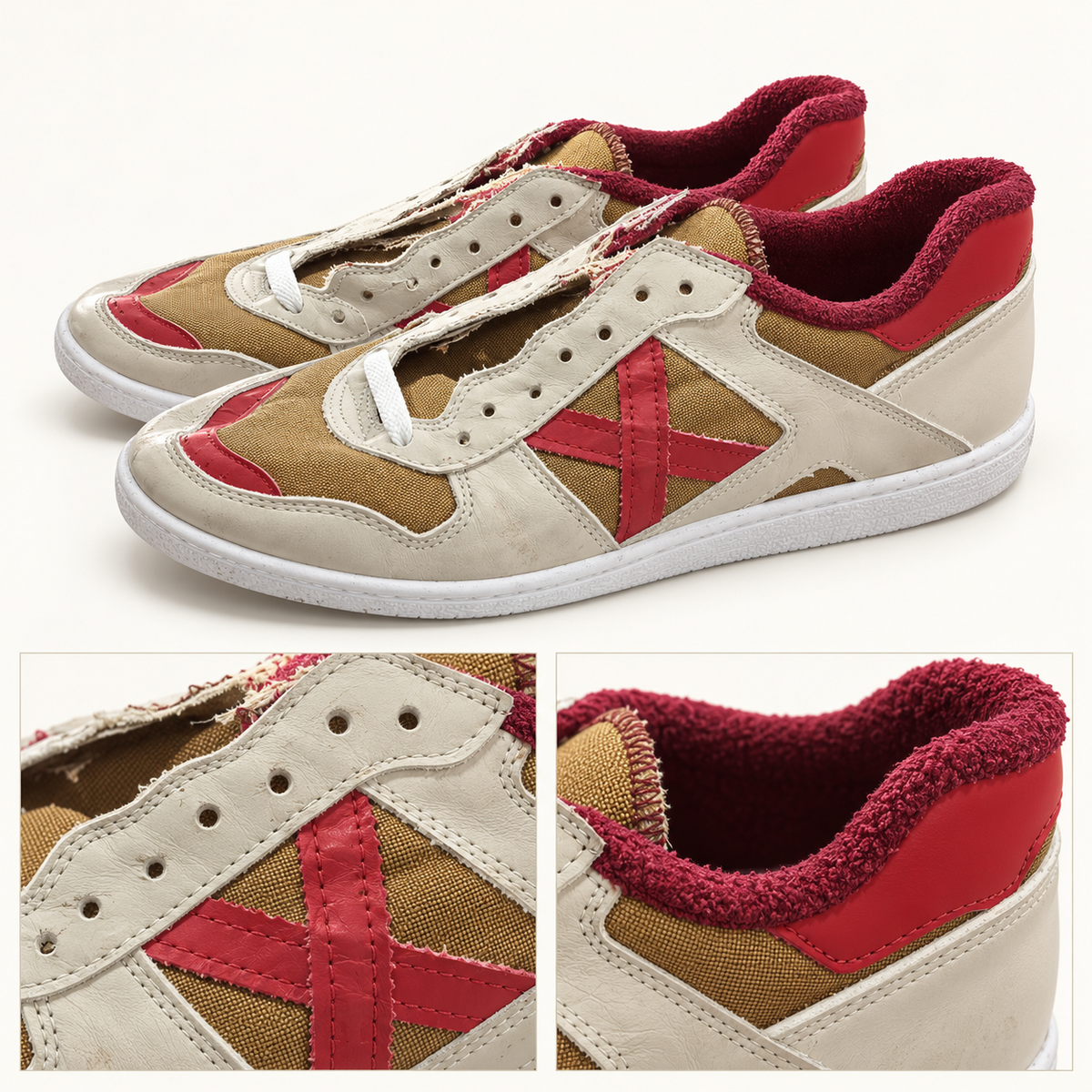 Zapatillas Munich crema y doradas con X roja · Talla 45 - detalle de diseño y estado