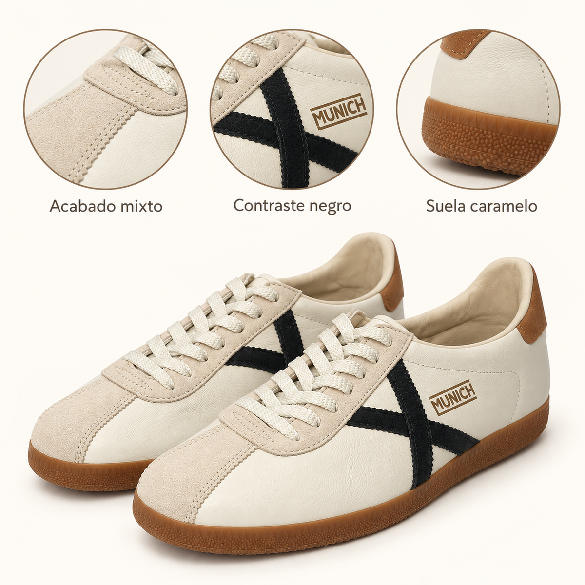 Detalles de las zapatillas Munich crema y negras con suela caramelo