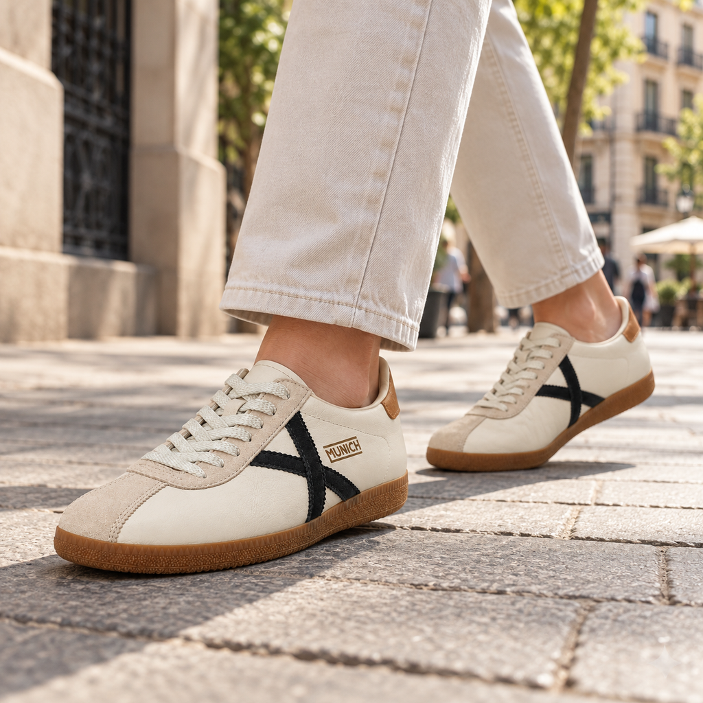 Zapatillas Munich crema y negras en un look urbano