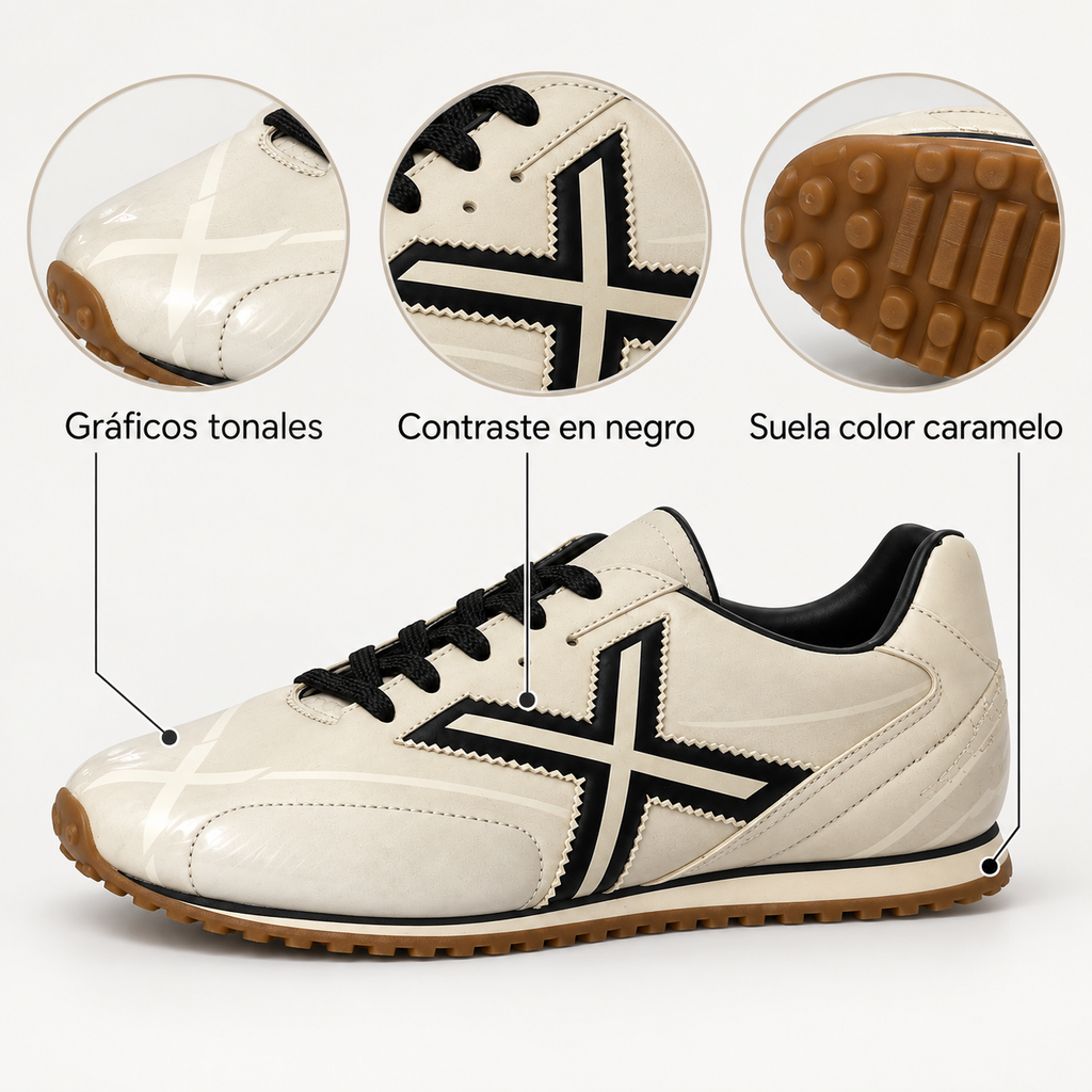 Detalles de las zapatillas Munich crema de estilo retro