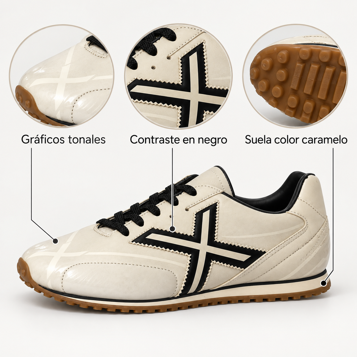 Detalles de las zapatillas Munich crema de estilo retro