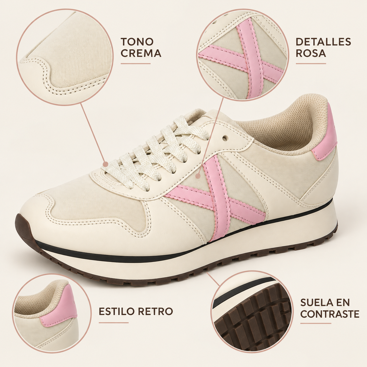 Características visibles de las zapatillas Munich crema con detalles rosa