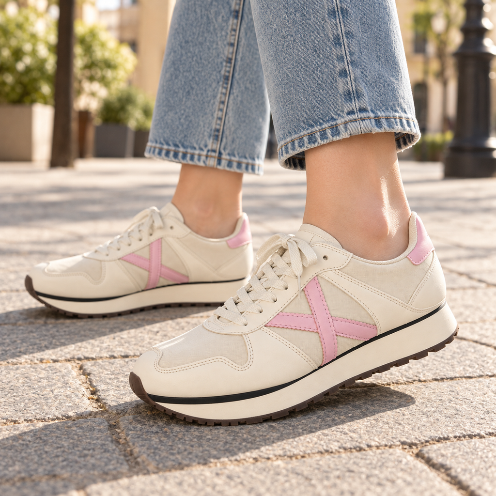 Zapatillas Munich crema con detalles rosa en una escena urbana