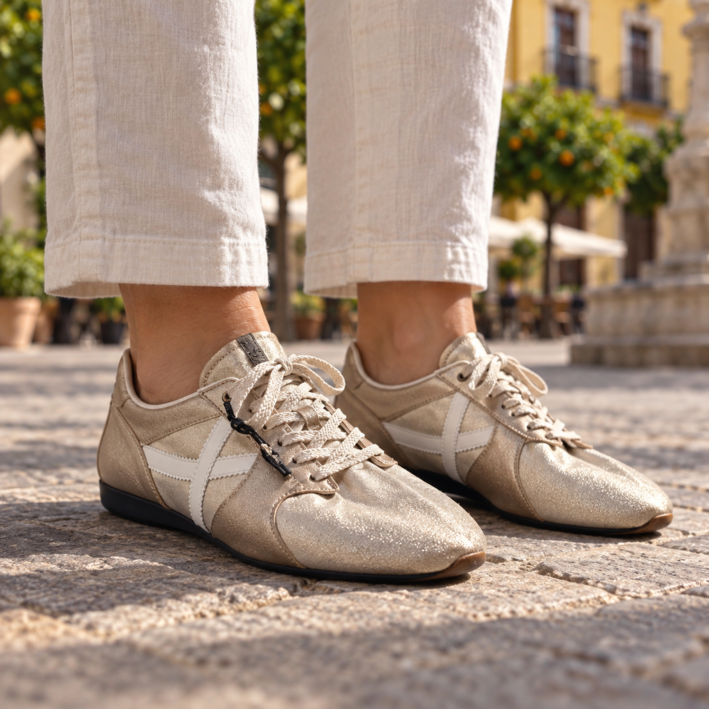 Zapatillas Munich doradas metalizadas en ambiente urbano
