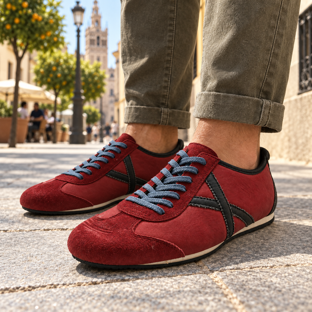 Zapatillas Munich granate en una escena urbana