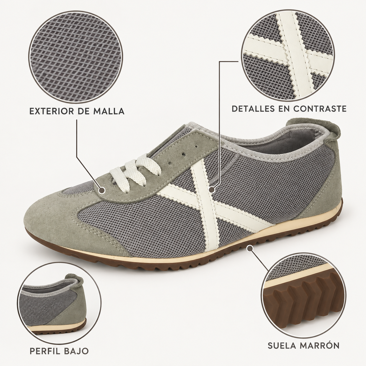 Características visibles de las zapatillas Munich grises de malla
