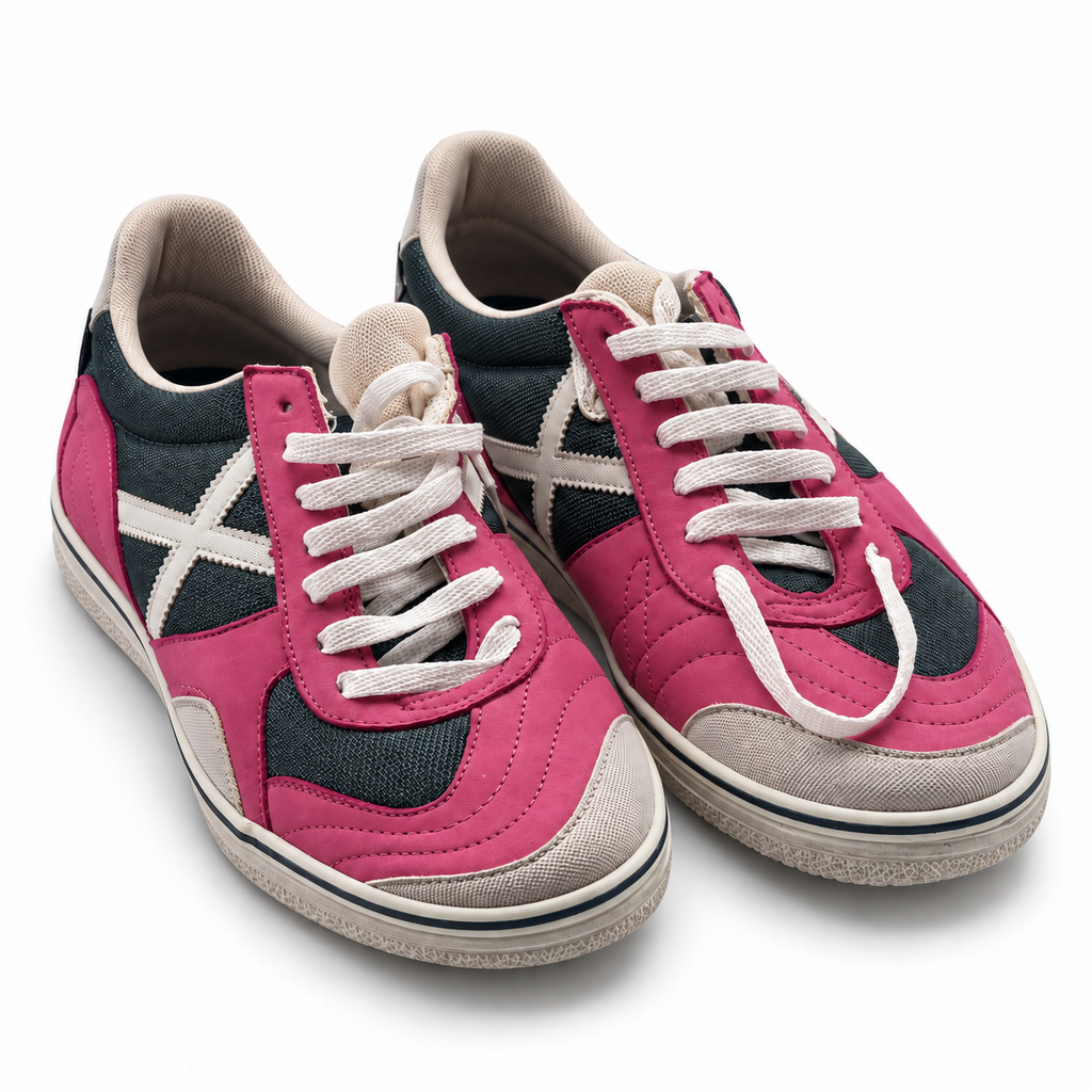 Zapatillas Munich magenta y verde petróleo sobre fondo blanco