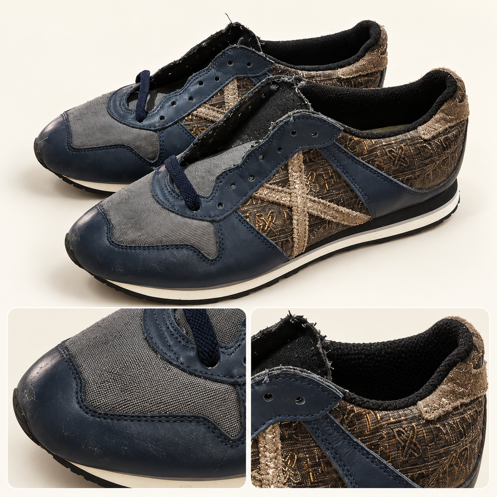 Zapatillas Munich marino y grises con X bronce texturizada · Talla 45 - detalle de diseño y estado