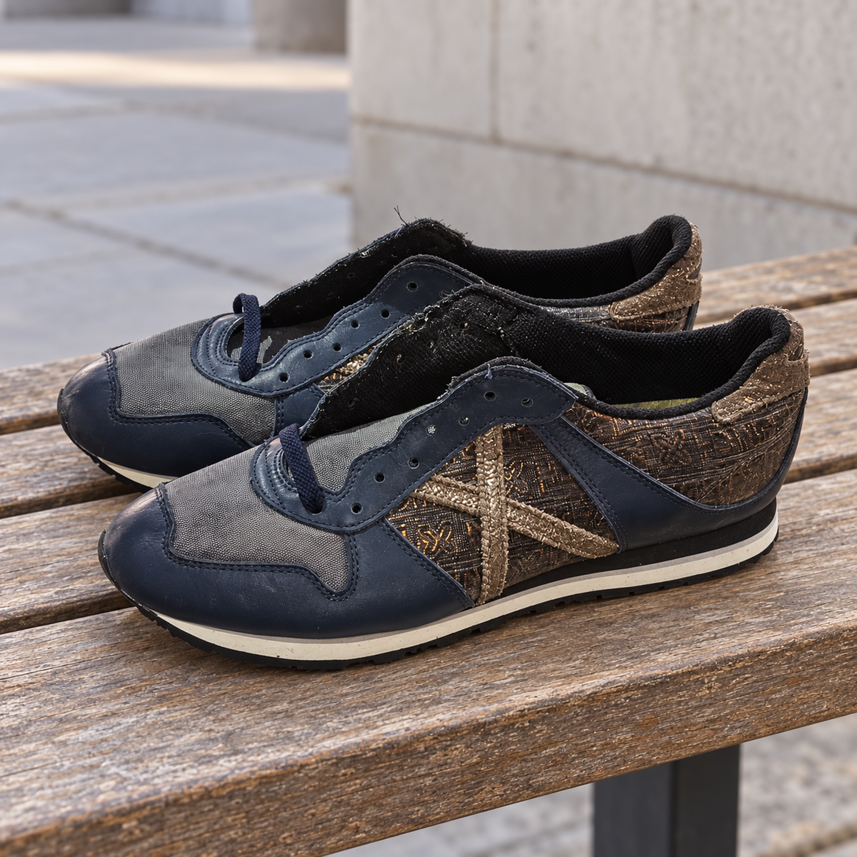 Zapatillas Munich marino y grises con X bronce texturizada · Talla 45 - lifestyle sobre banco