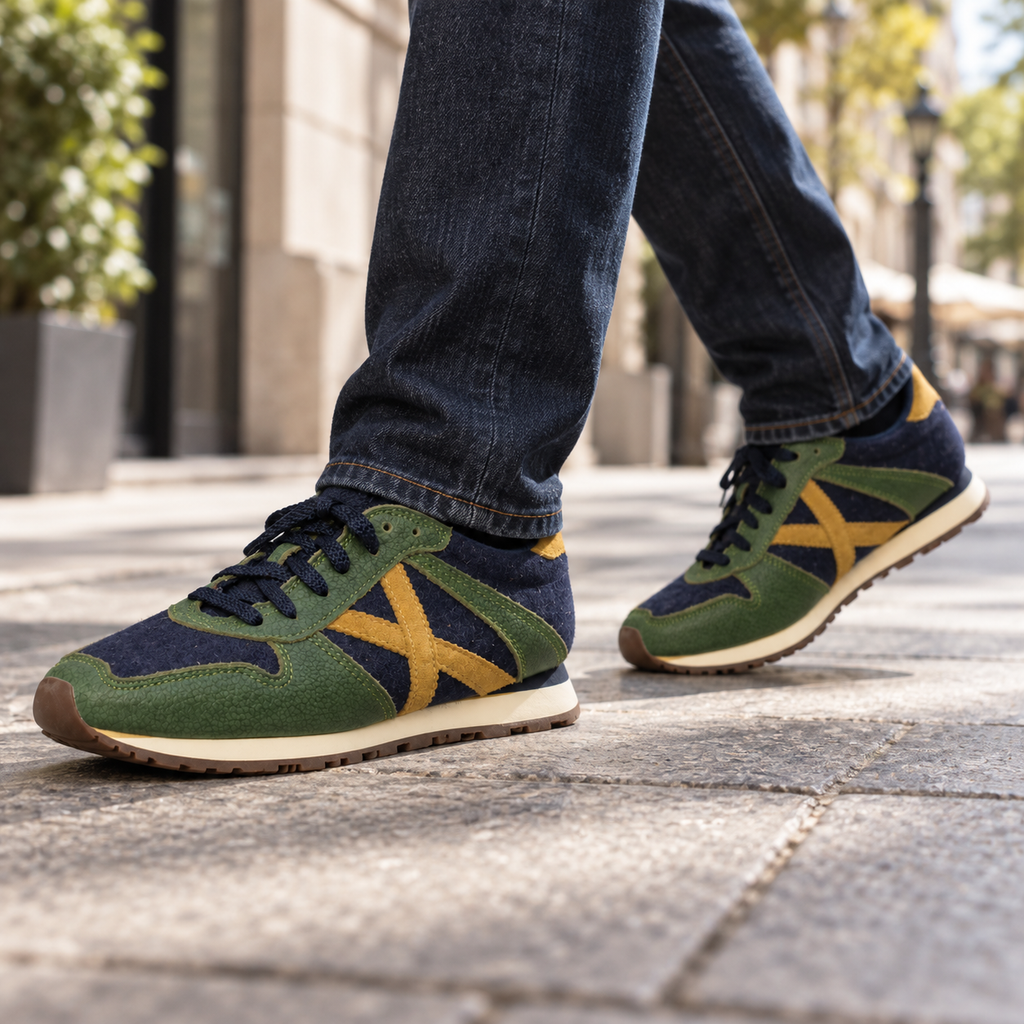 Zapatillas Munich azul marino, verdes y mostaza en un look urbano