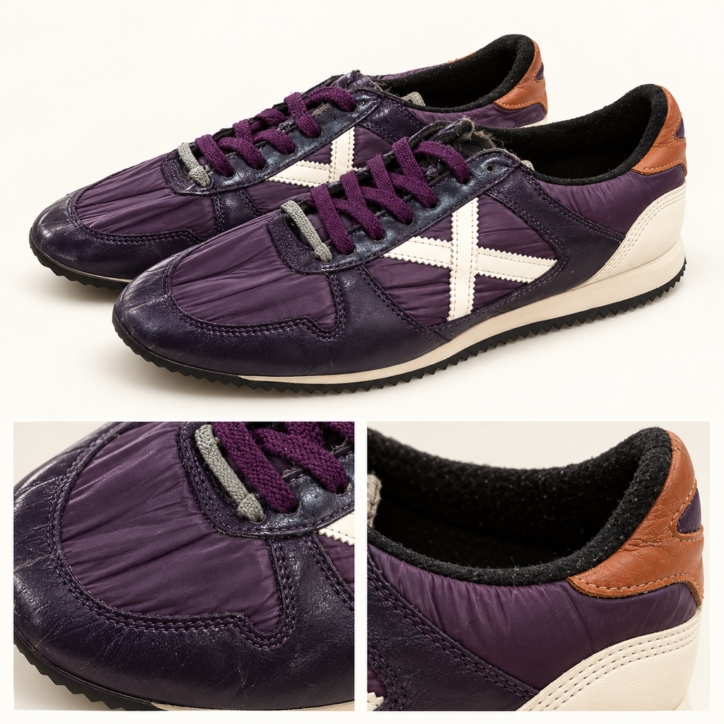 Zapatillas Munich moradas con X blanca y talón camel · Talla 45 - detalle de diseño y estado