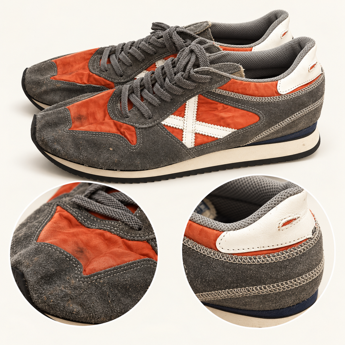 Zapatillas Munich naranjas y grises con X blanca · Talla 45 - detalle de diseño y estado