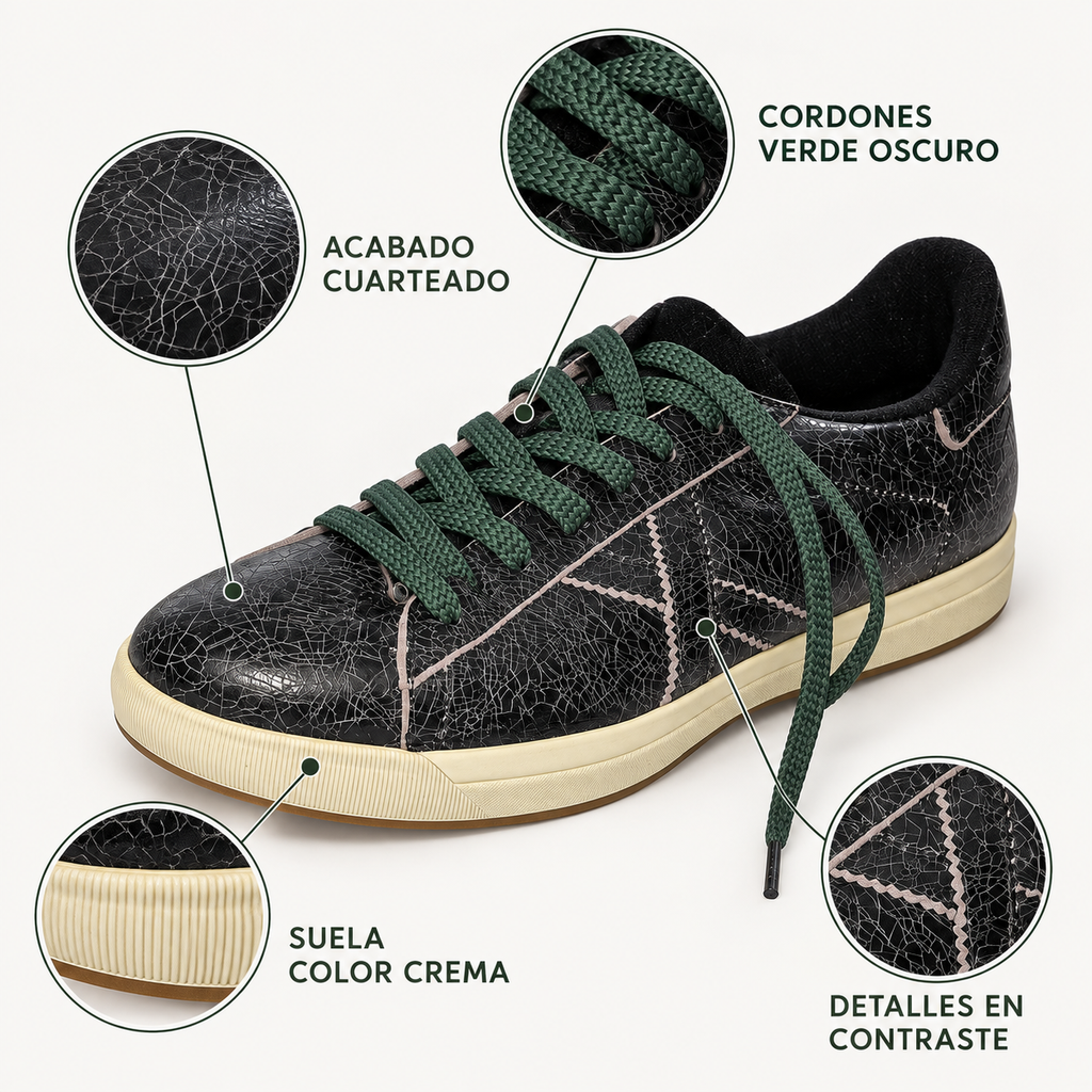 Características visibles de las zapatillas Munich negras con cordones verdes