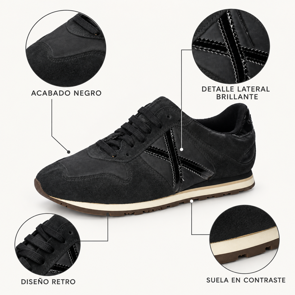 Características visibles de las zapatillas Munich negras de acabado mixto