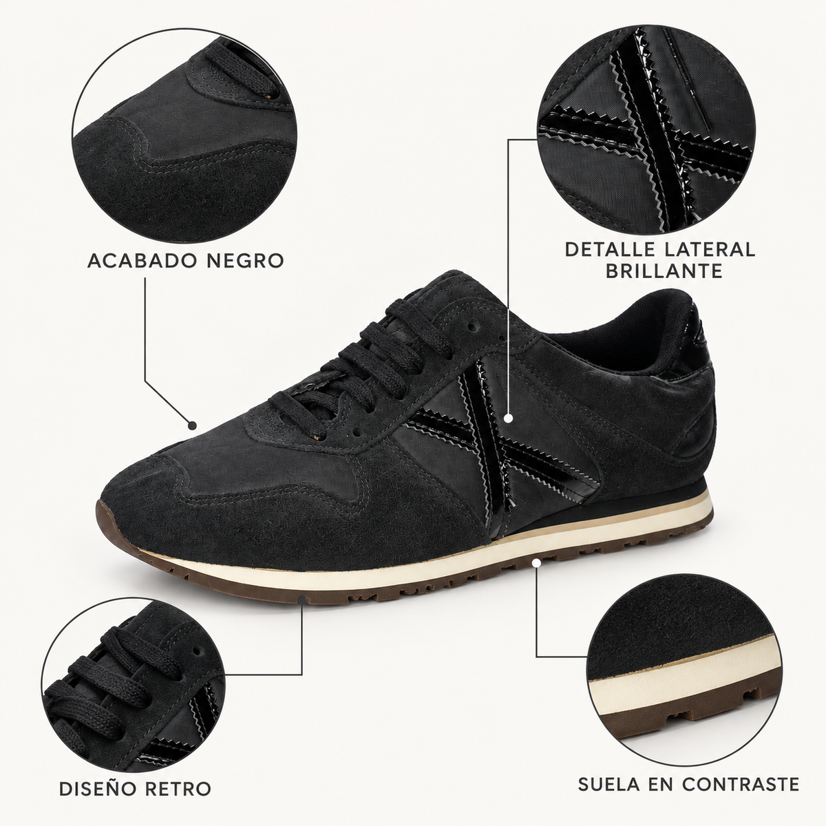 Características visibles de las zapatillas Munich negras de acabado mixto