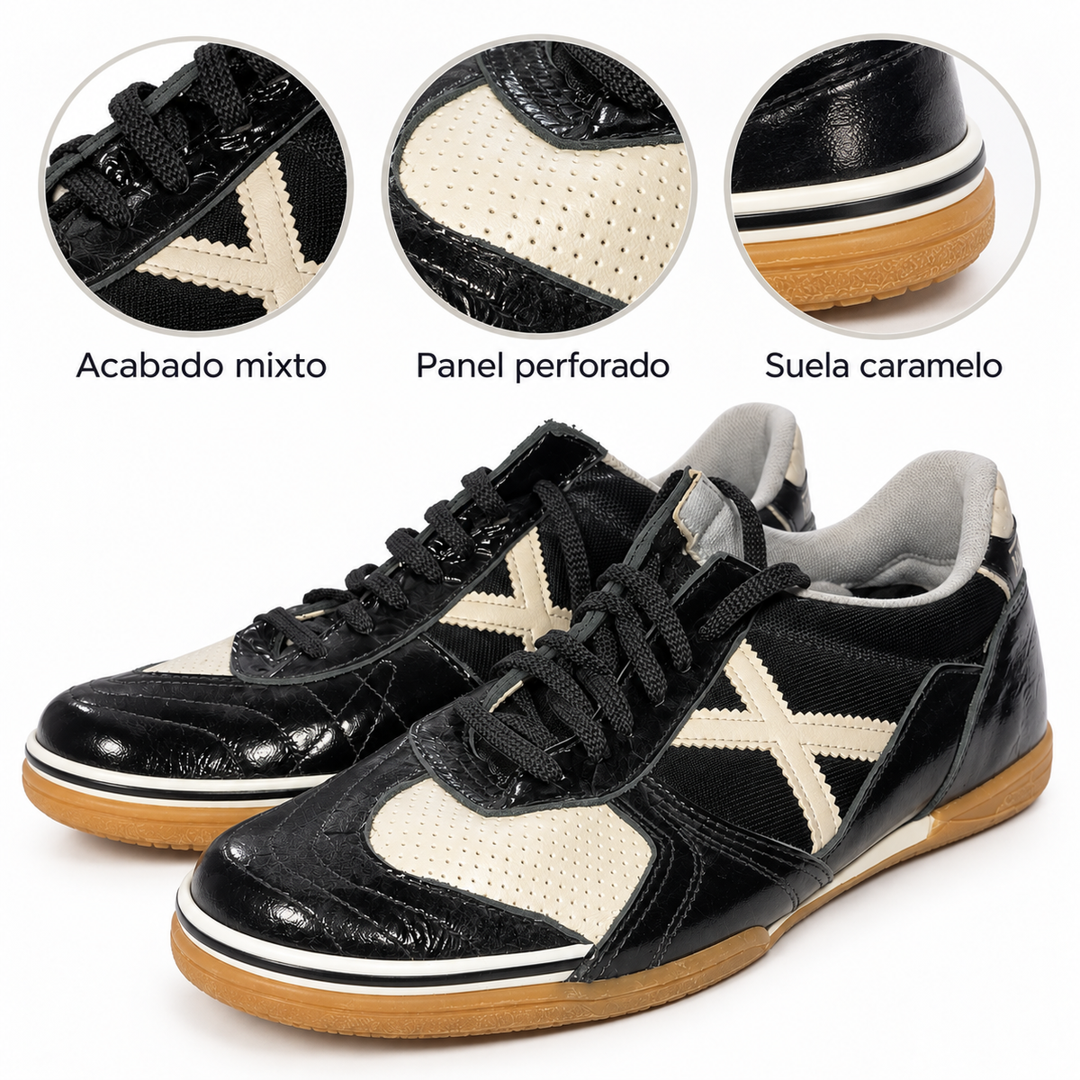 Detalles de las zapatillas Munich negras y blancas con suela caramelo
