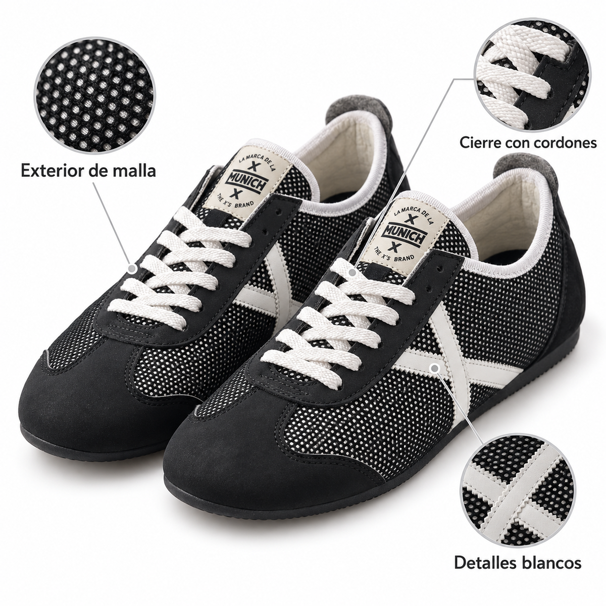 Zapatillas Munich negras y blancas de malla - características