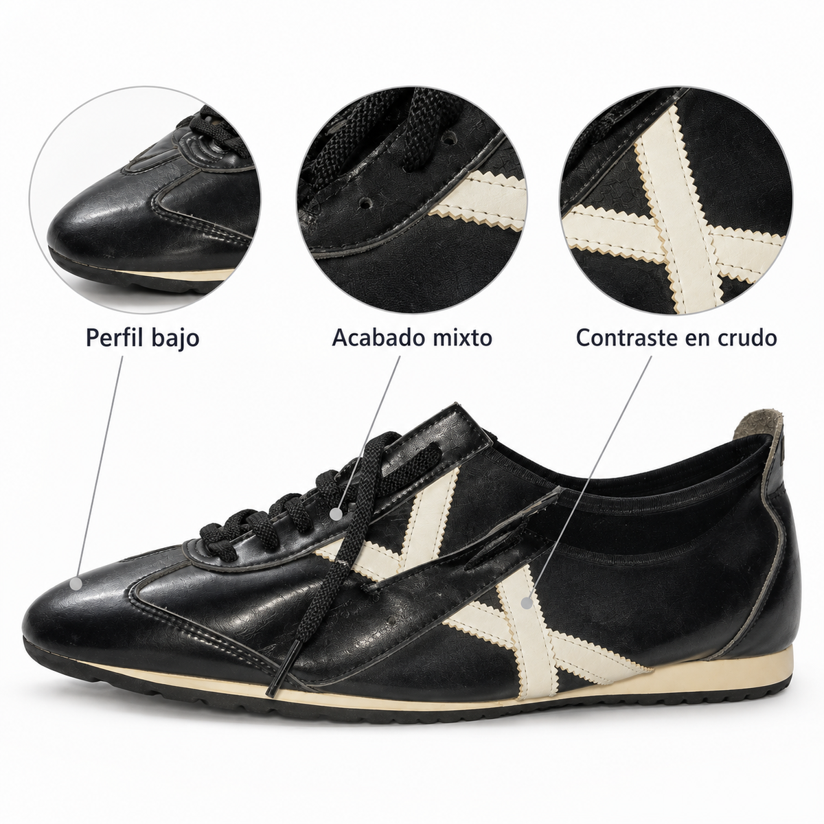 Detalles de las zapatillas Munich negras de perfil bajo