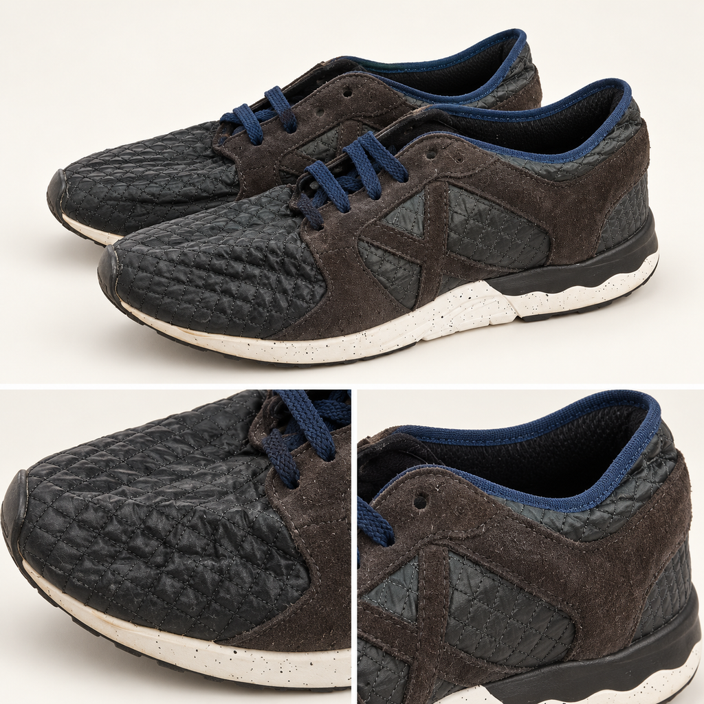 Zapatillas Munich negras de rombos con X oscura y cordones marino · Talla 45 - detalle de diseño y estado