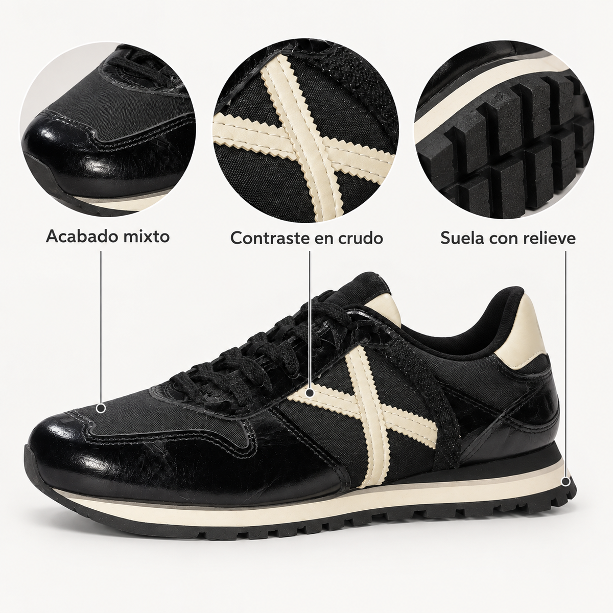 Detalles de las zapatillas Munich negras estilo runner