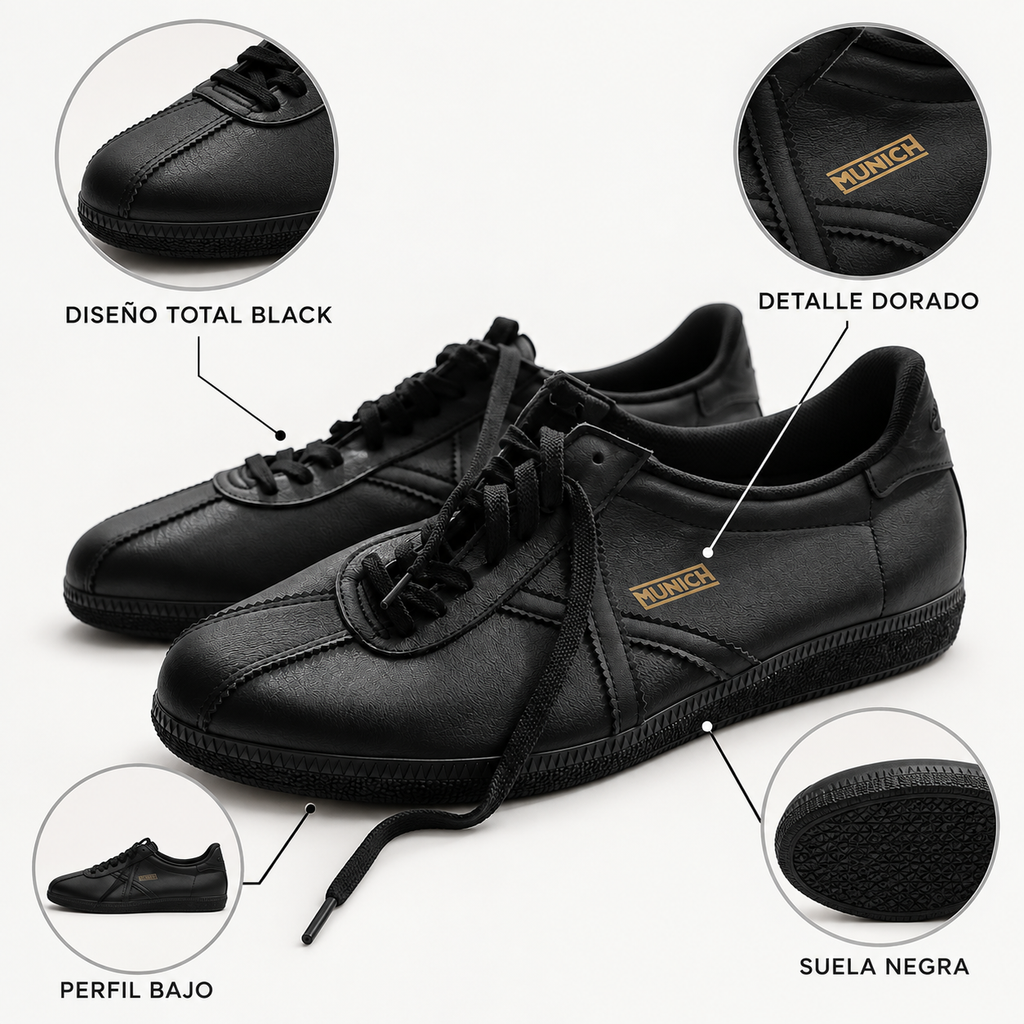 Características visibles de las zapatillas Munich negras total black
