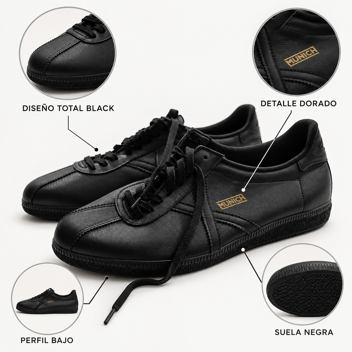 Características visibles de las zapatillas Munich negras total black