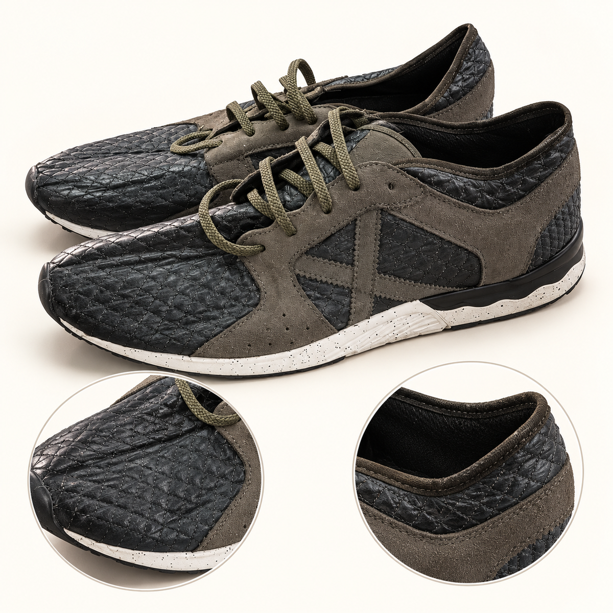 Zapatillas Munich oscuras con rombos y X taupe · Talla 45 - detalle de diseño y estado