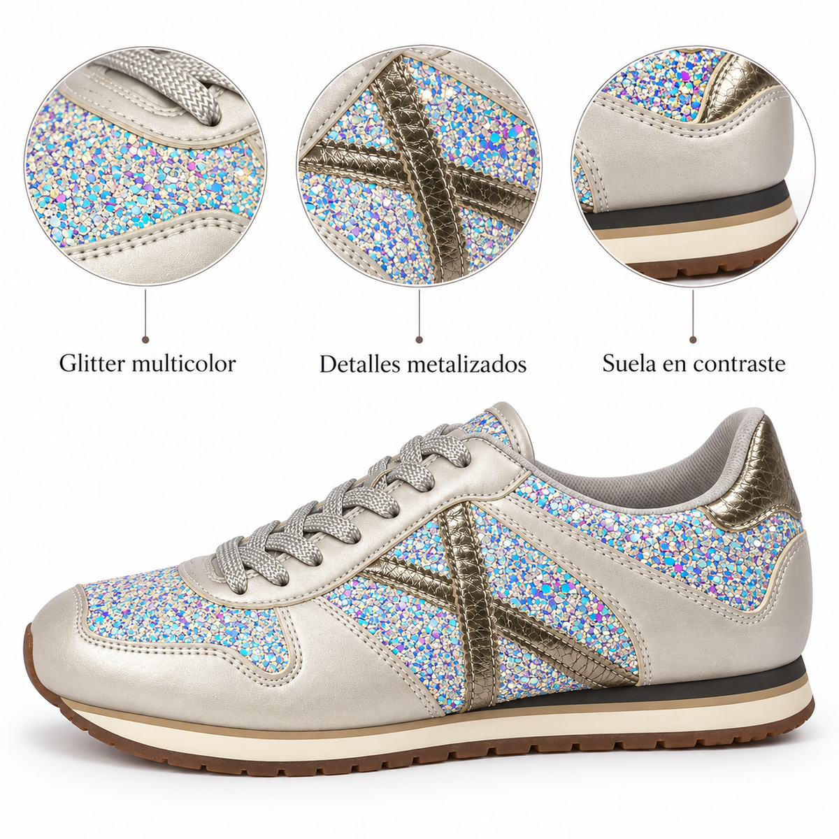 Detalles de las zapatillas Munich plateadas con glitter multicolor
